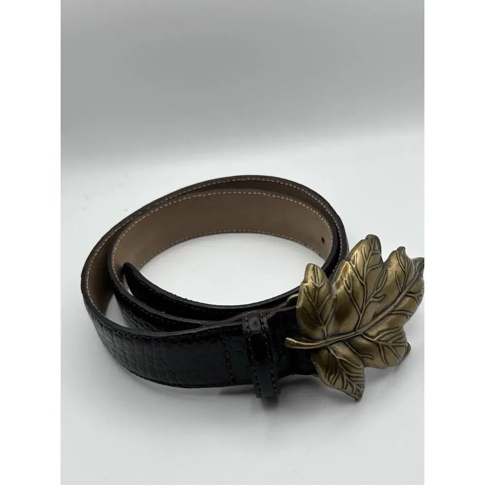 Talbots Brown Croc Embossed Leather Belt Brass Leaf Buckle ITALY Size M 6021